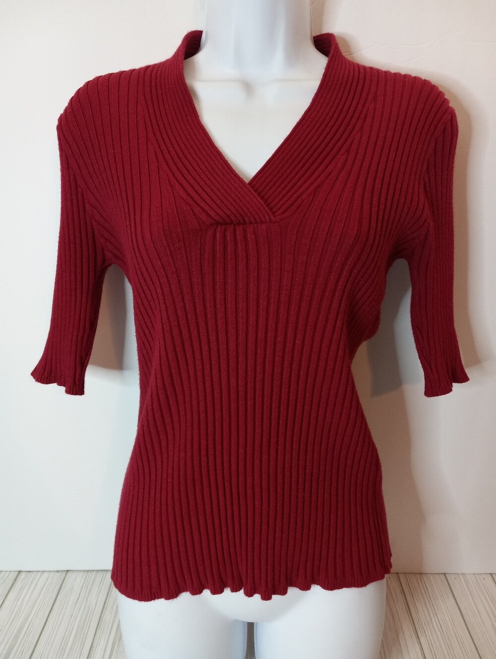 It's Our Time Y2K Deep Red Ribbed Fitted V-Neck Short Sleeve Sweater Top